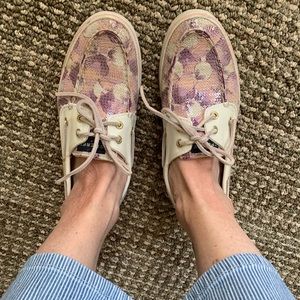 Sperry Top Sider pink purple flowers sequin Sz 8.5